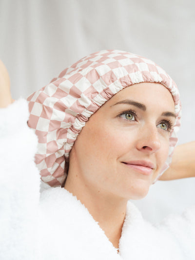 Terracotta Checker Satin Lined Shower Cap