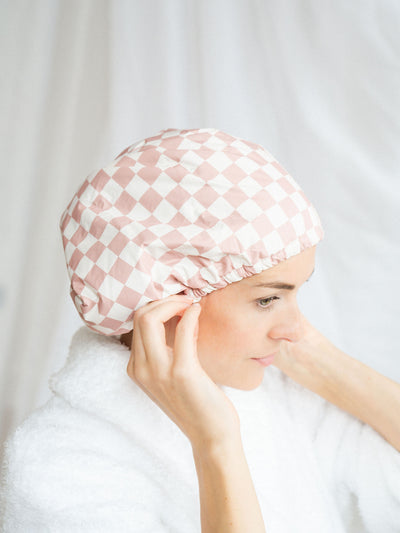 Terracotta Checker Satin Lined Shower Cap