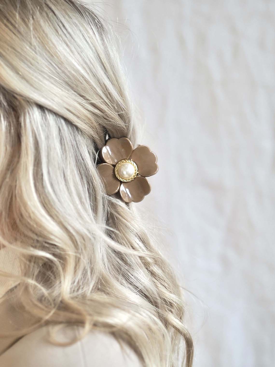 Beige Flower with Pearl Claw Clip