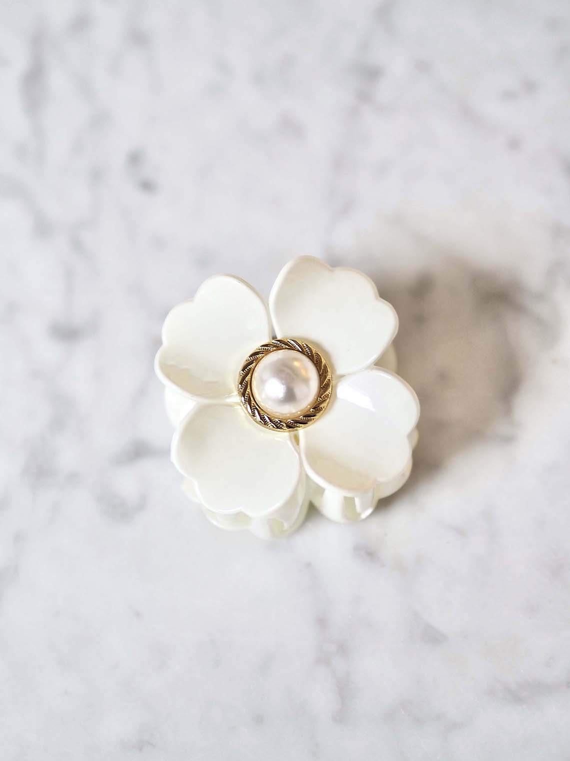 White Flower with Pearl Claw Clip