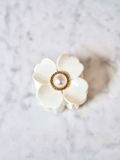 White Flower with Pearl Claw Clip