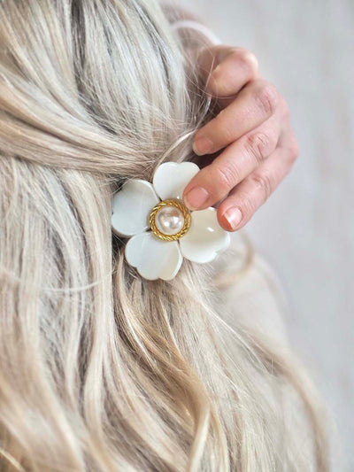 White Flower with Pearl Claw Clip