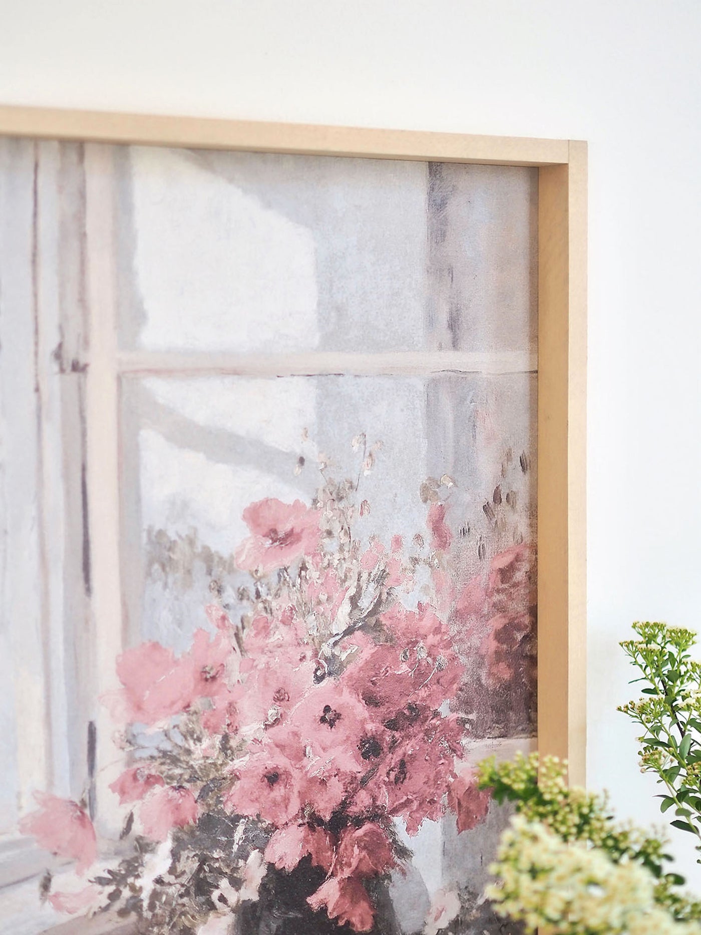Pink Flowers by Window Framed Print 19x13"