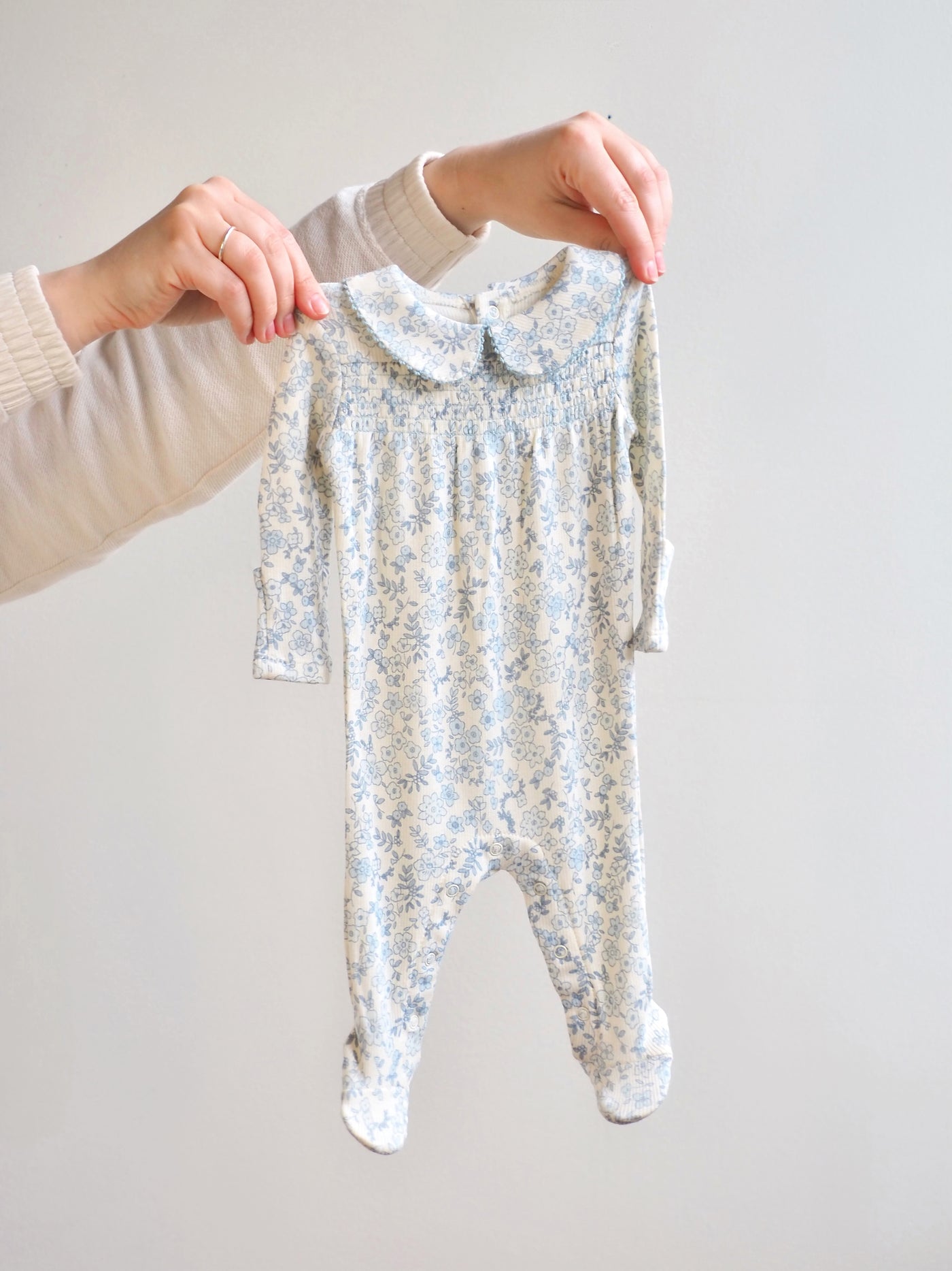 Blue Calico Floral Smocked Peter Pan Footie - The Cross Decor & Design