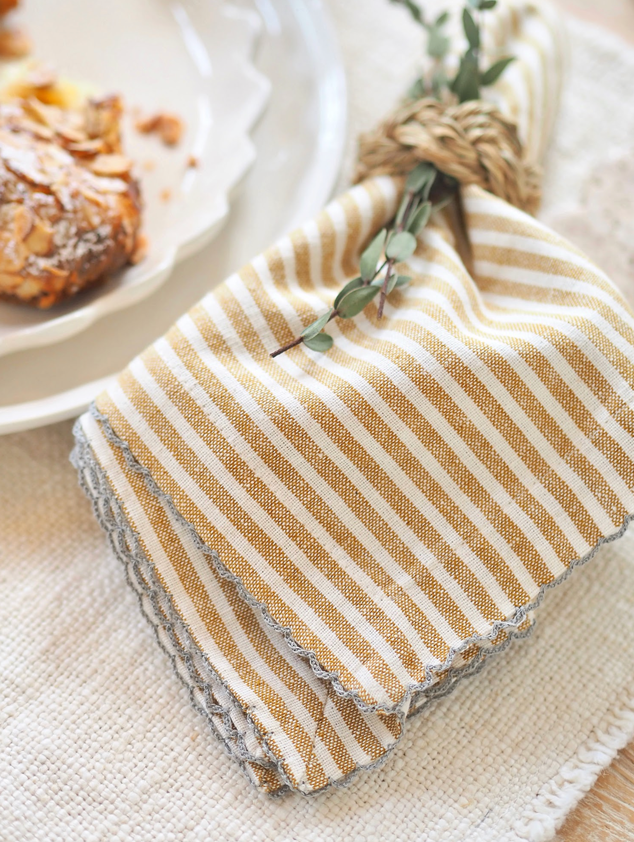 Scallop Stitch Mustard Stripe Napkin - The Cross Decor & Design