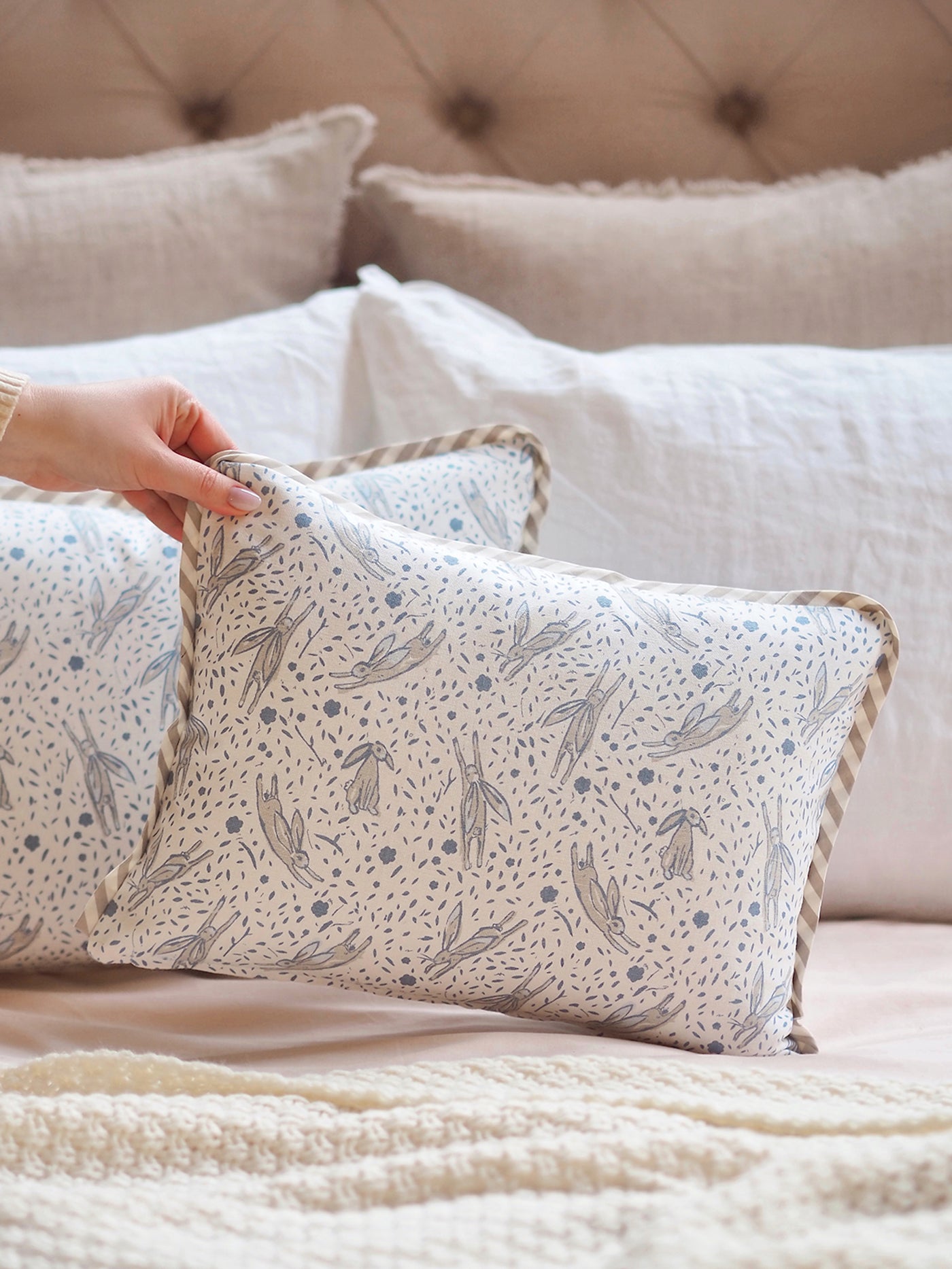 Leaping Rabbits Blue Pillow - The Cross Decor & Design