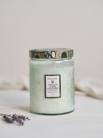 French Cade Lavender Embossed Glass Jar Candle | Large