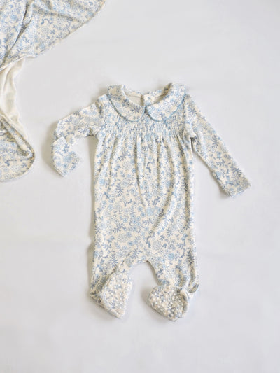 Blue Calico Floral Smocked Peter Pan Footie - The Cross Decor & Design