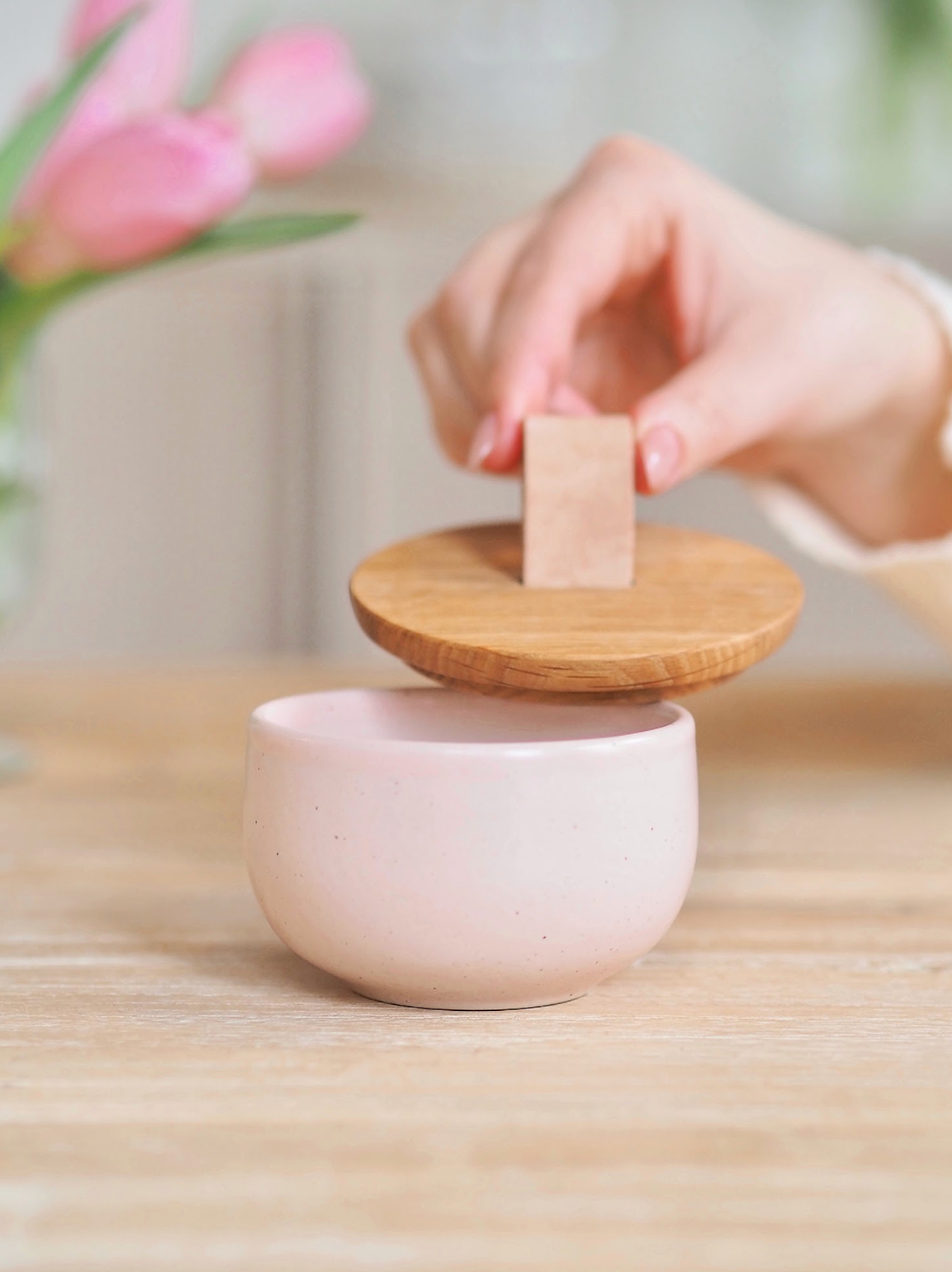 Marshmallow Salt Cellar w/Oak Lid - The Cross Decor & Design