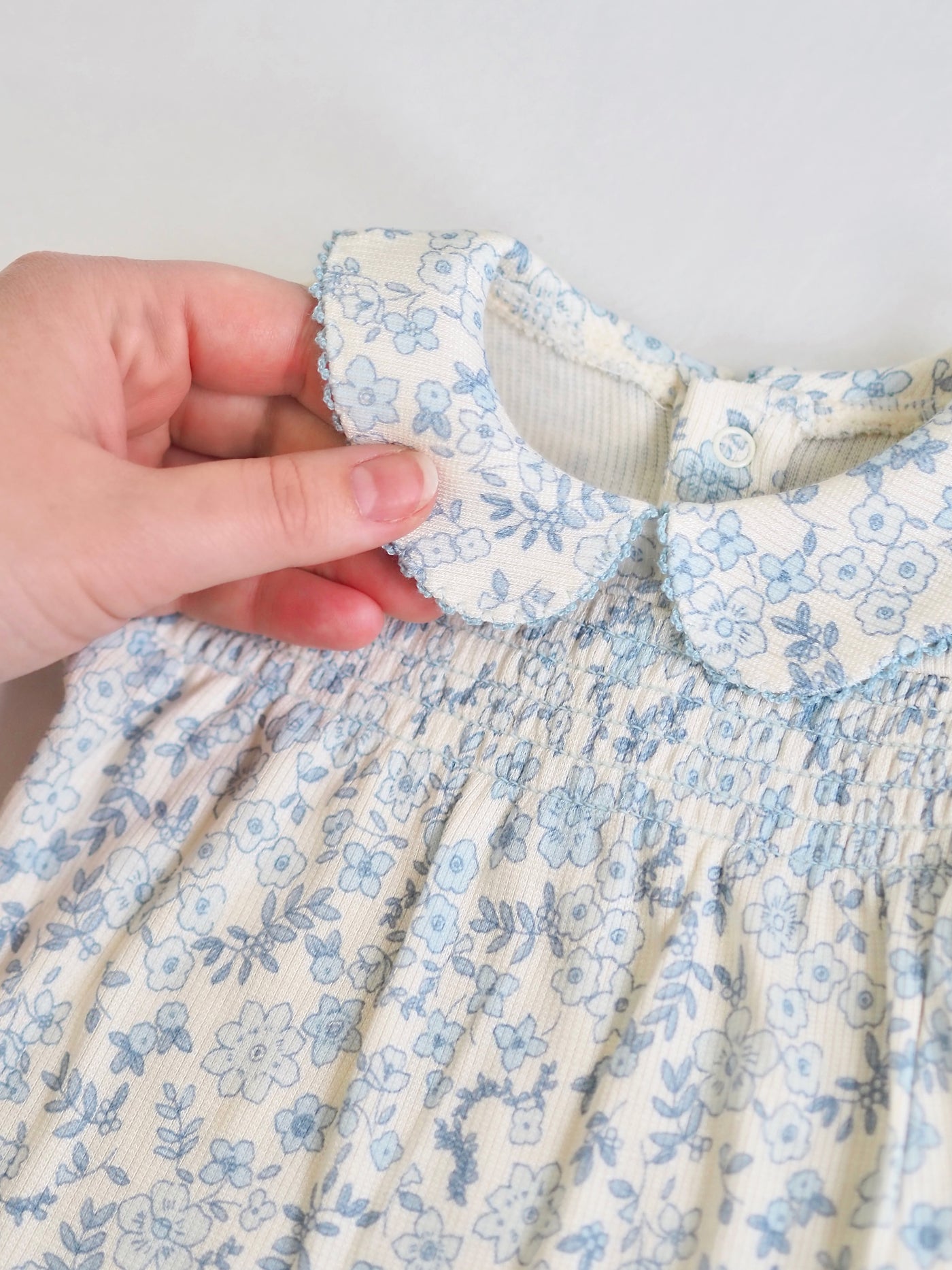 Blue Calico Floral Smocked Peter Pan Footie - The Cross Decor & Design